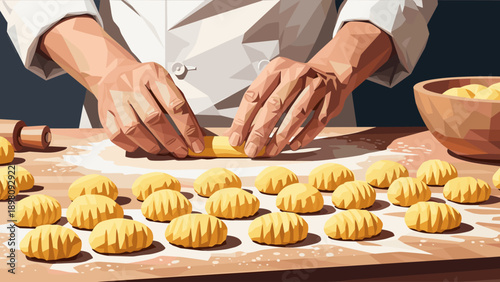 Chef preparing gnocchi on wooden table with rolling pin and flour in polygon art style