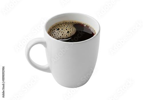A white ceramic mug filled with black coffee viewed at a slight angle on transparent background