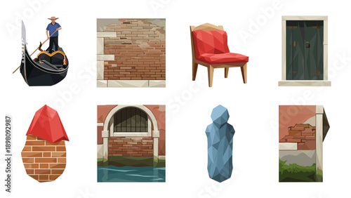Venetian elements: brick walls, gondola, and classical chair in polygonal art