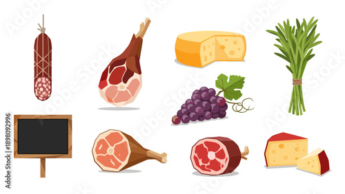 Gourmet food icons: ham, cheese, grapes, herbs, and blackboard