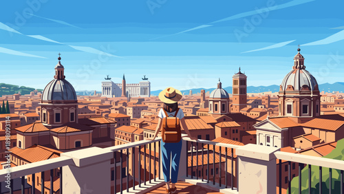 Traveler admiring rooftop view of historic european cityscape under clear blue sky