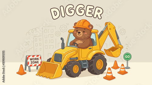 Adorable Bear Digger Driver Cartoon. Cute Animal Character Operating Yellow Excavator Construction Vehicle in Work Zone.