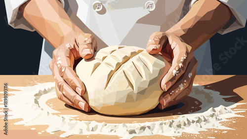 Low poly art of hands kneading bread dough in geometric style