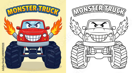 Aggressive Cartoon Monster Truck Mascot with Flames and Giant Tires. Vector Illustration and Coloring Page Outline.