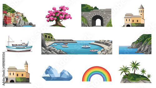 Iconic coastal landmarks and natural beauty in vibrant cartoon style