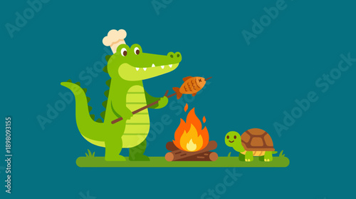 Cartoon Alligator Chef Cooking Fish on a Campfire with a Smiling Turtle. Cute Flat Vector Illustration of Outdoor Camping and Wilderness Cooking.