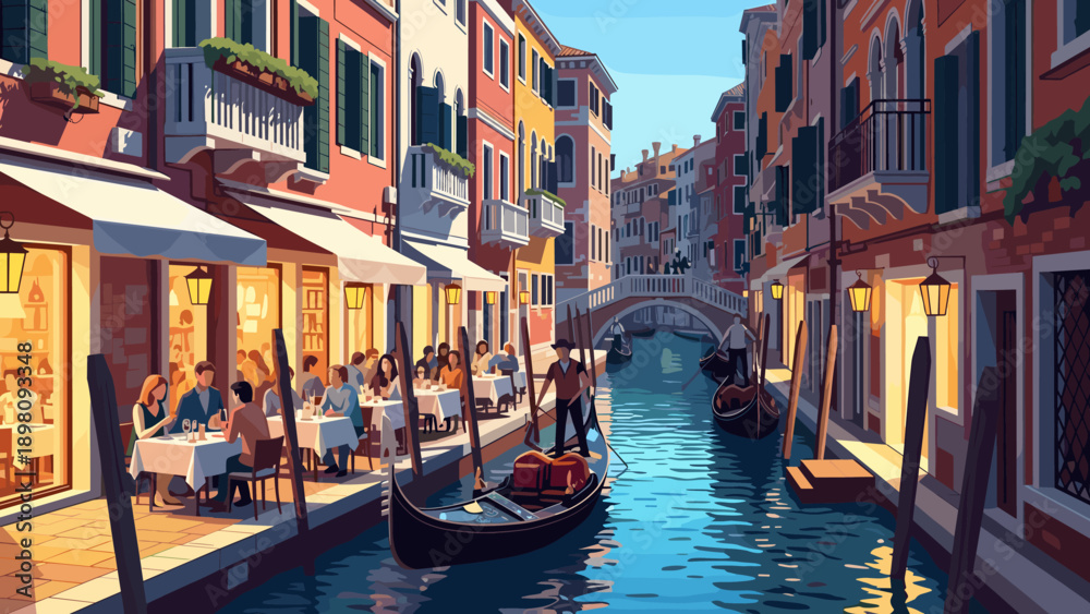 Obraz premium Picturesque evening dining and gondola ride in a charming city canal