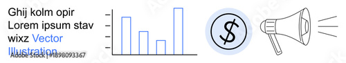 Financial planning, data analysis, budget tracking, digital marketing, advertising strategies, business promotion. Bar chart, dollar sign and megaphone. Financial planning and marketing concepts