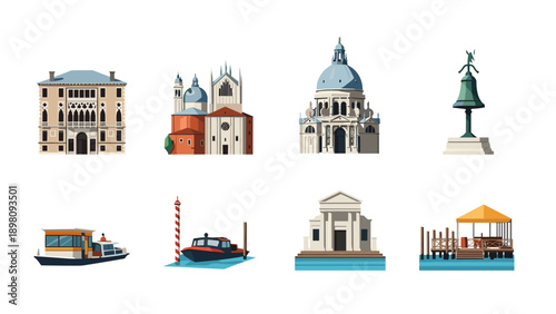 Venice landmark icons set featuring historic buildings and water transport