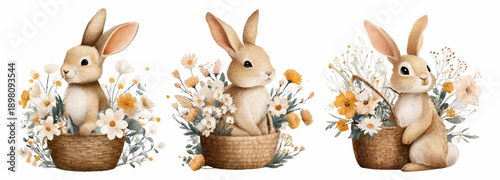 Watercolor bunny with basket of spring flowers. Cute rabbit illustration set featuring floral bouquets, Easter designs, and woodland characters for cards and decorations. Vector illustration.