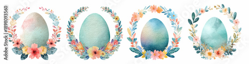 Watercolor Easter wreath with decorated eggs and spring florals. Colorful round design featuring cute cartoon elements, perfect for festive greeting cards and seasonal projects. Vector illustration.