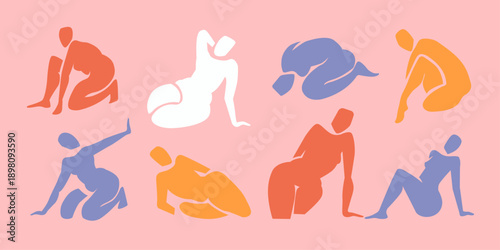 Woman figures contemporary abstract silhouette, hand drawn cut out feminine form different poses. Flat collage mid-century style, applique unique design, female shape poster, decorative art. Isolated.