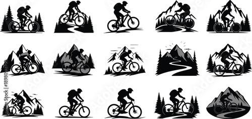 Set of mountain biker silhouettes riding bikes in nature with mountains and trees, vector illustration, isolated on white background, outdoor extreme sport concept
