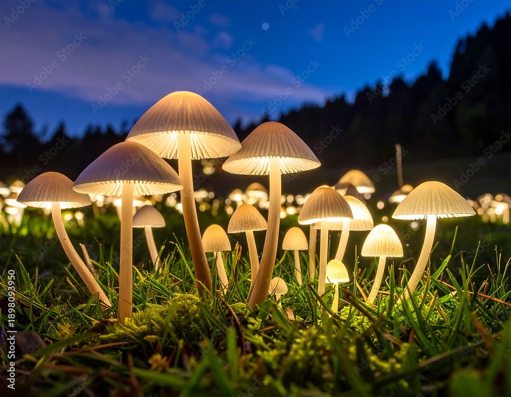 Fototapeta premium Glowing mushrooms in a lush green field at dusk
