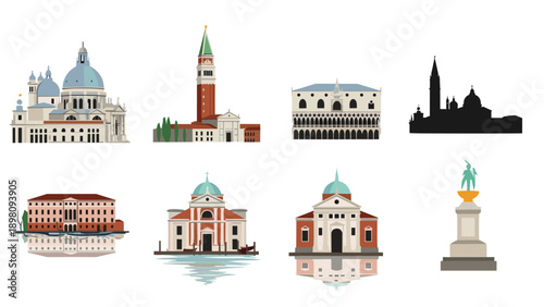 Venetian landmarks collection: iconic architecture in flat design with silhouettes and reflections