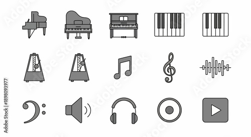A collection of music-related icons featuring pianos, keyboards, metronomes, musical notes, clefs, sound waves, volume, headphones, and playback controls.