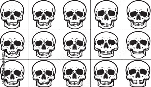 A grid of fifteen identical skulls arranged in a five by three pattern isolated on white background, Vector