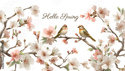 Watercolor spring birds on flowering tree branches with blossoms. Vintage floral frame featuring cute sparrows  in soft blue and pink botanical watercolor style. Vector illustration.