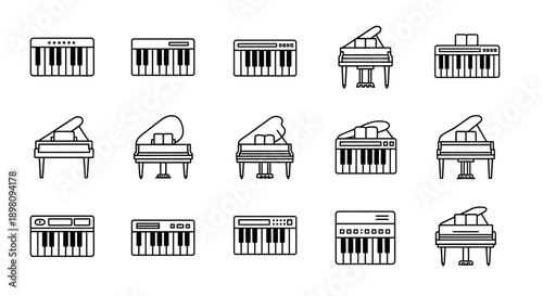 A collection of various musical instrument icons, including grand pianos, digital pianos, and electronic keyboards, in a minimalist line art style.