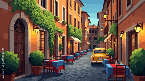 Charming mediterranean street cafe with cozy atmosphere and evening ambiance