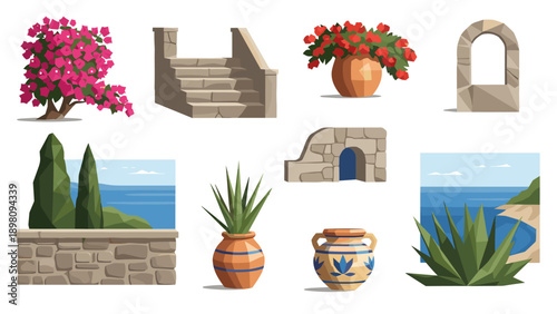 Mediterranean garden elements embracing coastal charm with stone and flora