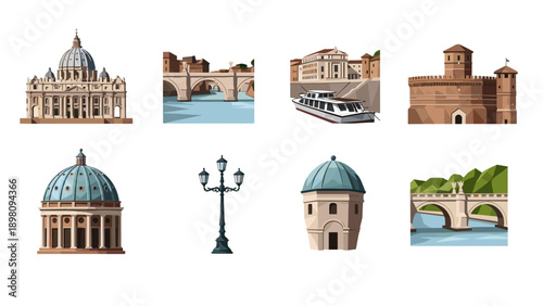 Iconic rome landmarks illustration set featuring historic architecture and scenic views