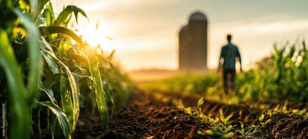 Obraz premium The Farmer Walking Through a Morning Cornfield Toward a Distant Silo at Sunrise