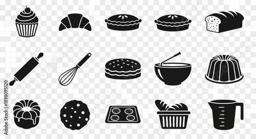 Collection of black and white baking icons, including various baked goods and essential kitchen tools for cooking and pastry preparation.