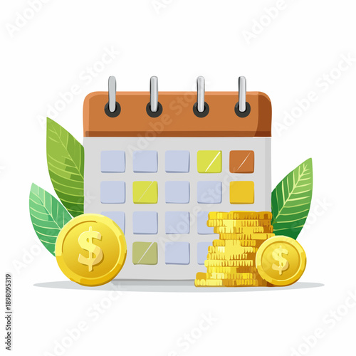 Financial planning calendar with golden coins, symbolizing payment schedules, budget deadlines, and income tracking. For timely fiscal decisions and effective wealth management