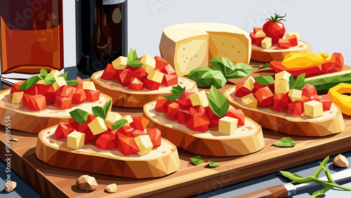 Polygonal bruschetta delight with cheese and wine in geometric style