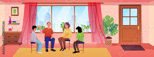 Group therapy vector illustration, cartoon people at group psychotherapy sessions in the room, support community meeting