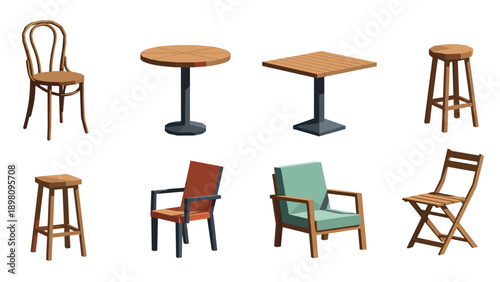 Collection of diverse wooden furniture in modern flat design