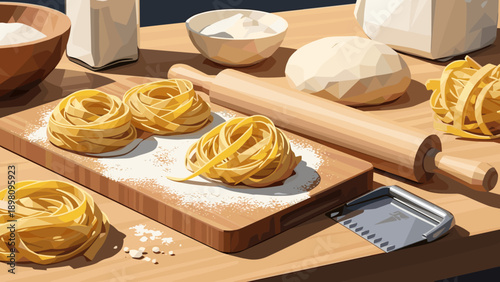 Polygonal pasta preparation on wooden table with ingredients