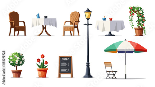Charming outdoor cafe scene with tables, chairs, and decor elements