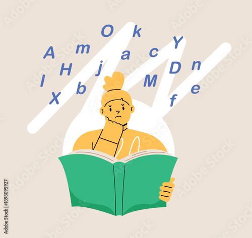 Girl with dyslexia having difficulty reading a book. Colorful vector illustration