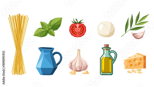 Geometric ingredients set with pasta, cheese, olive oil, and fresh herbs