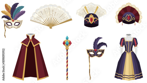 Elegant masquerade costumes and accessories with ornate masks and regal attire