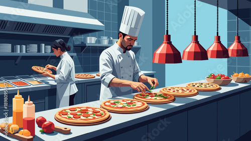Chef preparing pizzas in modern kitchen with fresh ingredients and pendant lighting