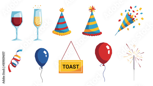 Colorful festive set with party hats, balloons, and celebration elements