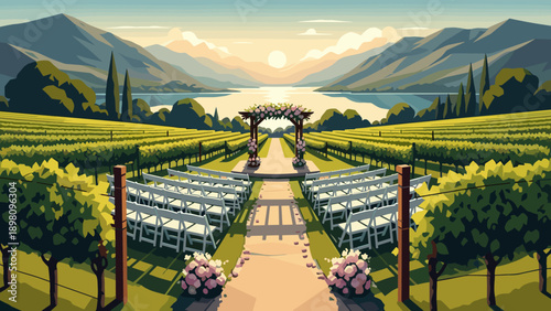 Scenic vineyard wedding venue at sunset with mountain views and floral arch