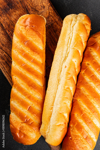 Fresh bun for hot dog natural baked goods soft ingredient appetizer fresh tasty table setting gourmet food background on the table rustic food top view copy space