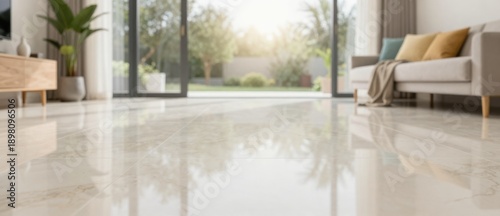 Bright Living Room with Polished Marble Floors and Garden View Through Open Doors