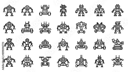 Collection of Simple Robot Icons in Various Poses.