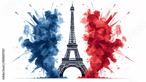 Eiffel tower amid vibrant abstract blue and red smoke effect