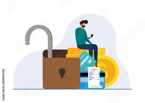 A man manages his savings and credit cards near an open padlock, symbolizing digital financial security and accessibility. Stock Illustration.