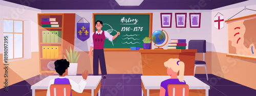History classroom interior with teacher, students, and furniture.