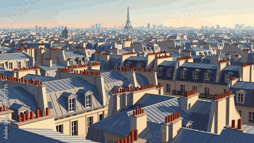 Scenic rooftops of paris with eiffel tower in background, morning light urban landscape