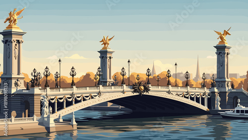 Elegant parisian bridge with golden statues and calm river scene