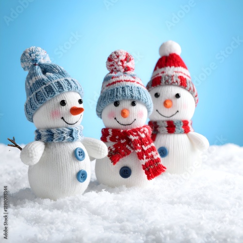 Three cheerful snowmen dressed in colorful hats and scarves stand playfully on a snowy surface