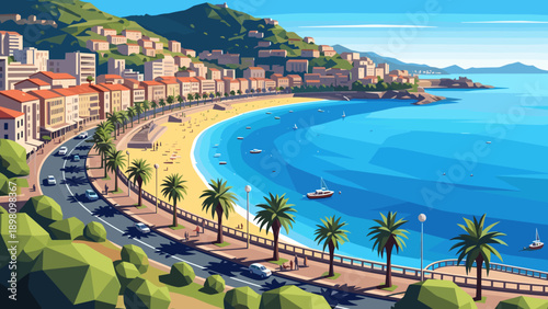 Vibrant geometric coastal city with scenic beach and mountains under a clear sky